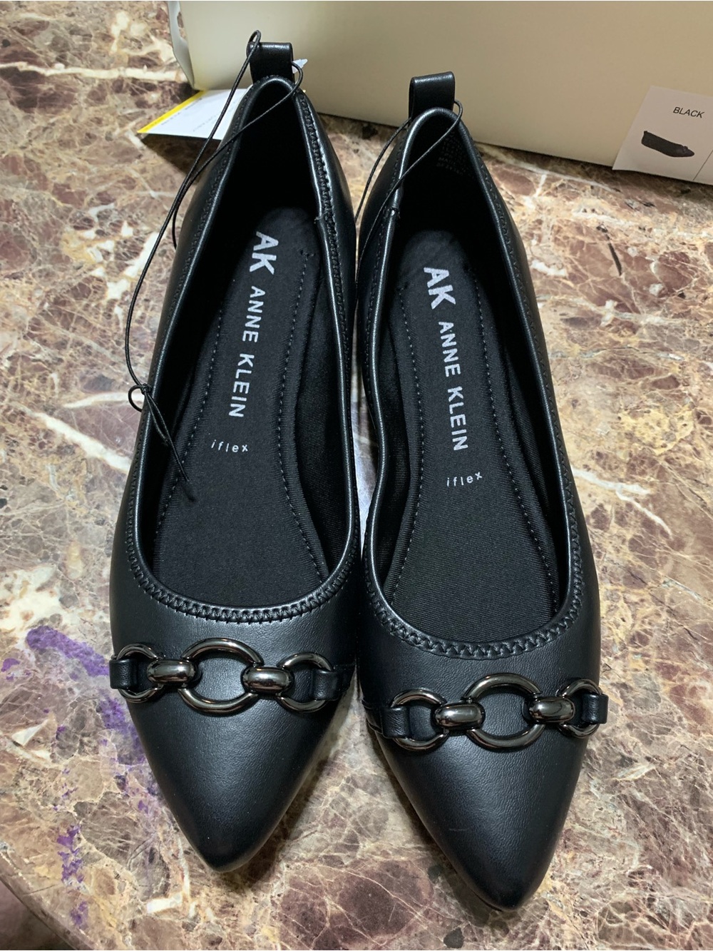 Anne Klein Black Pointed Toe Chain Ballet Flats